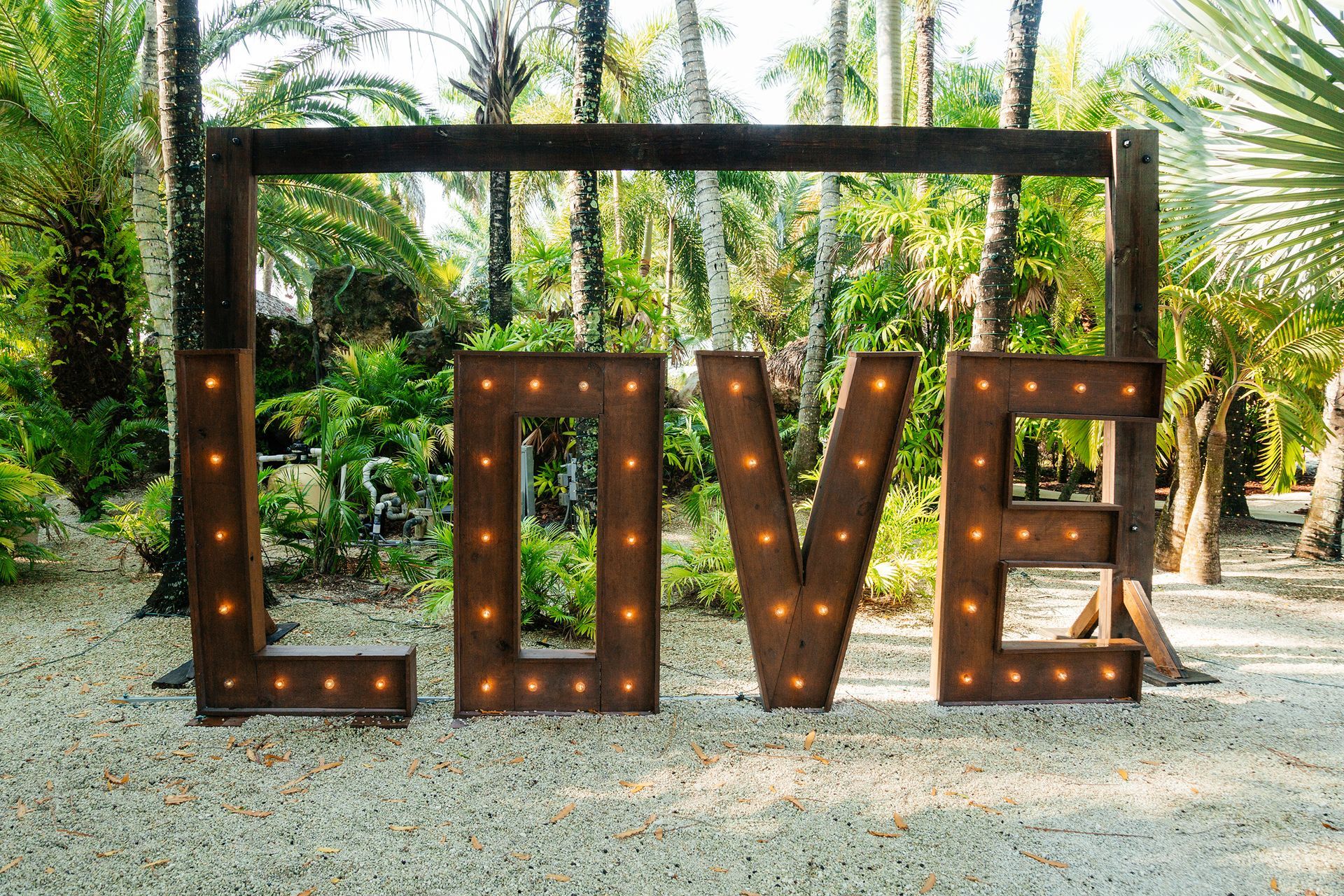 Photo of a lighted sign that says LOVE in a tropical landscape.