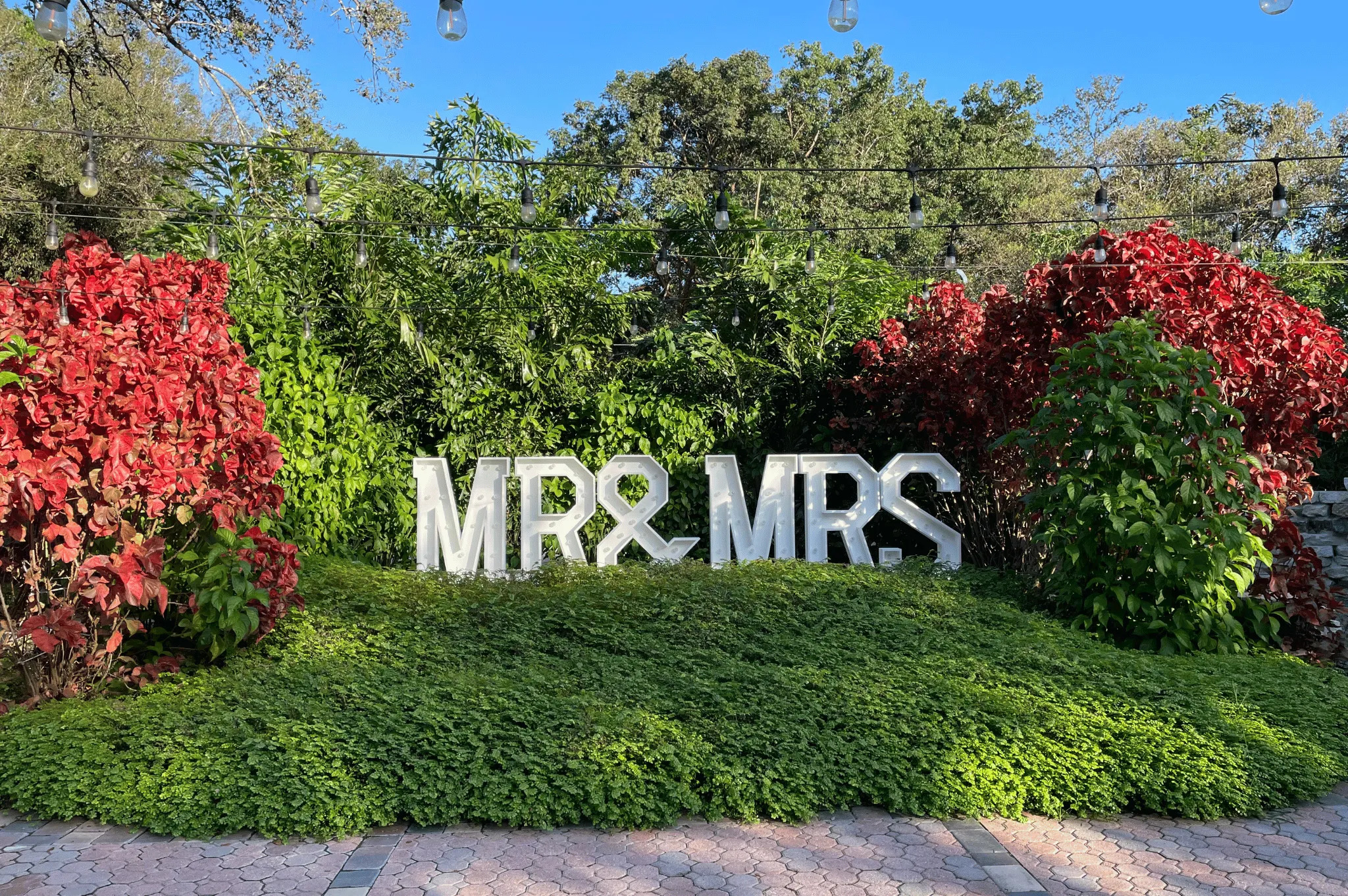 Photo of a sign that says Mr & Mrs in a garden.